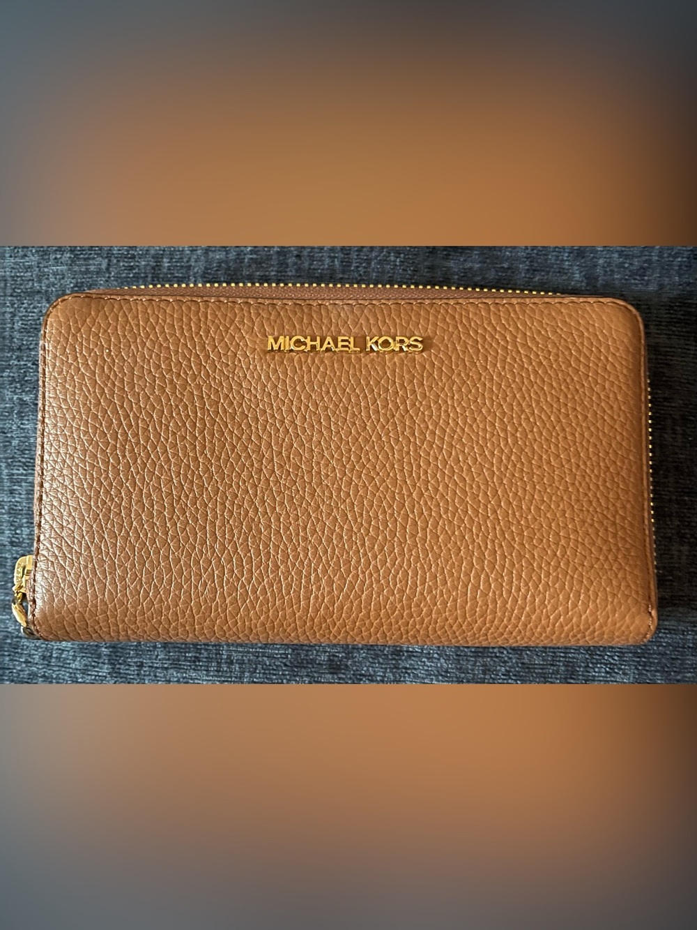 Michael Kors Cognac Pebbled Leather Zip Wallet with Gold Logo
